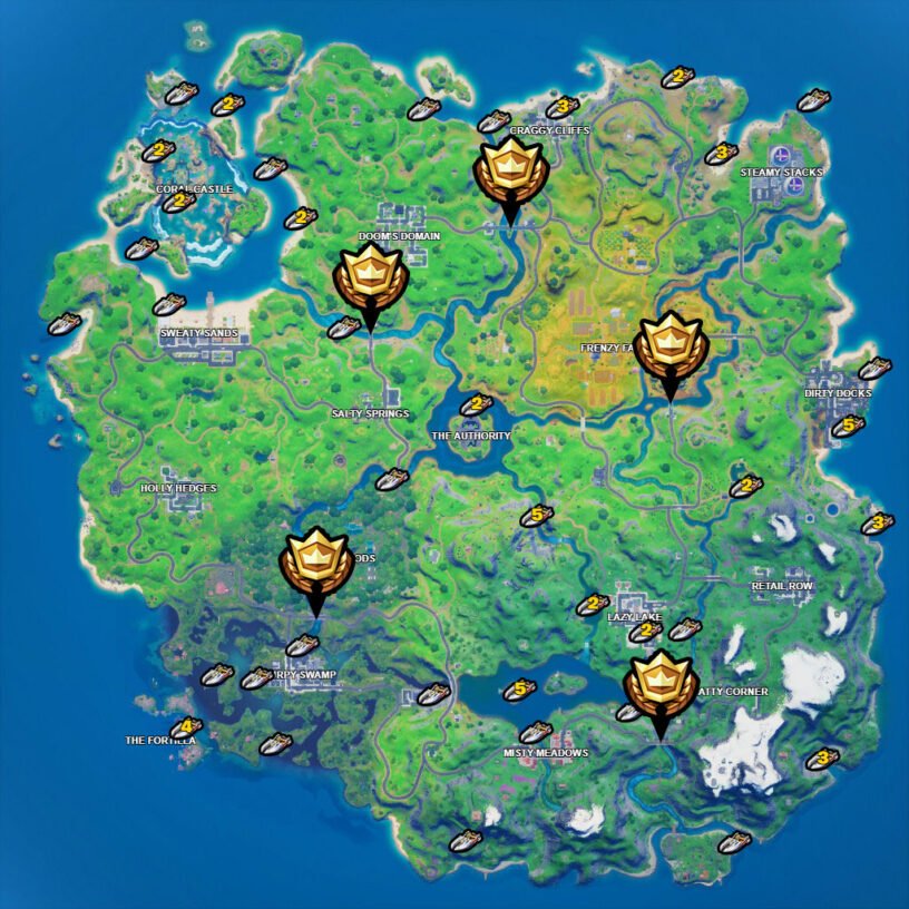 Fortnite boats and colored bridges locations map