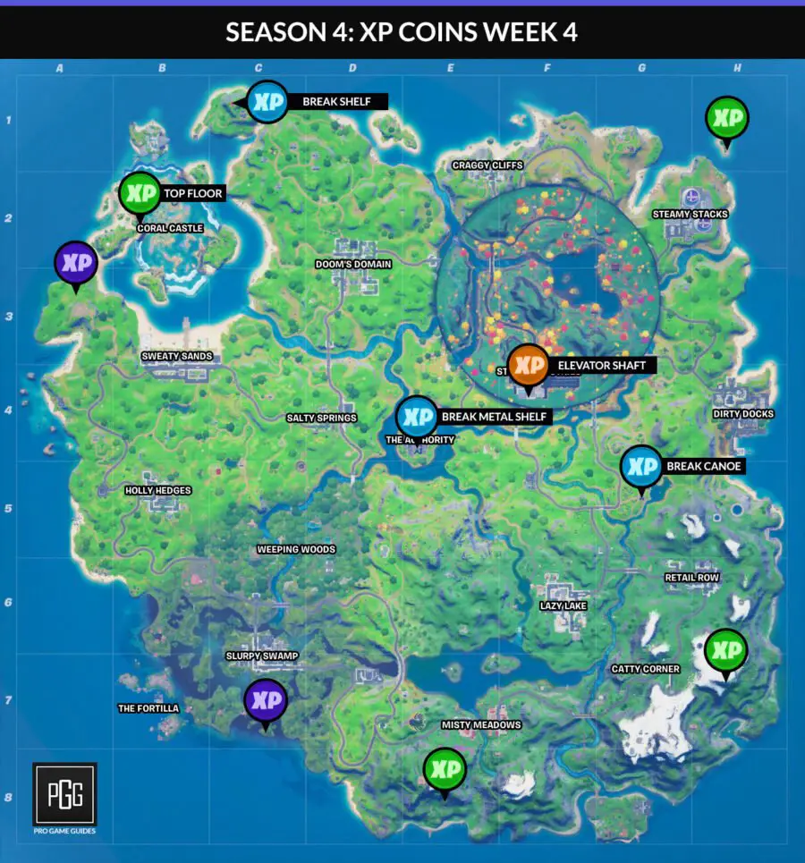 Fortnite Season 4 XP Coins Locations ¡Mapas para todas las semanas
