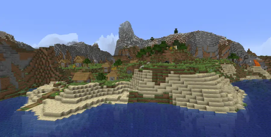 Un pueblo en una costa en Minecraft.