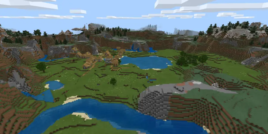 Un pueblo en un valle en Minecraft.