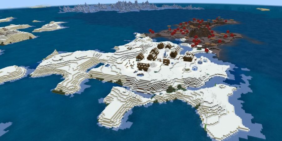 Isla congelada con Mushroom Biom y pueblo.