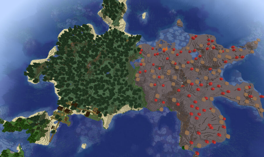 Un bosque de abedules y una isla de bioma de hongos en Minecraft.
