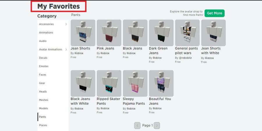 Página Mis favoritos de Roblox con el filtro de categoría