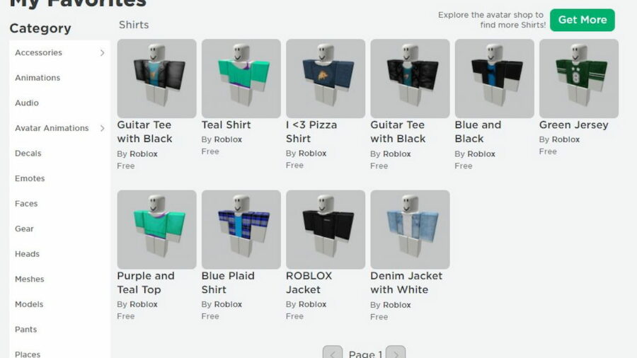 Favoritos de Roblox organizados por categoría