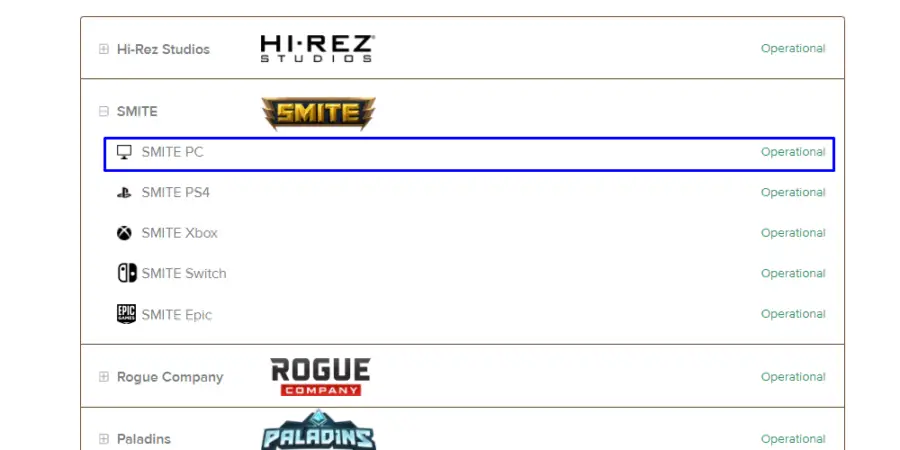 La opción Smite en la página del servidor Hi-Rez.