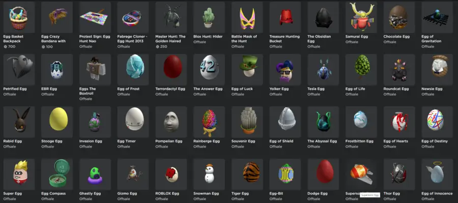 Artículos de la tienda de avatares de Roblox Egg Hunt