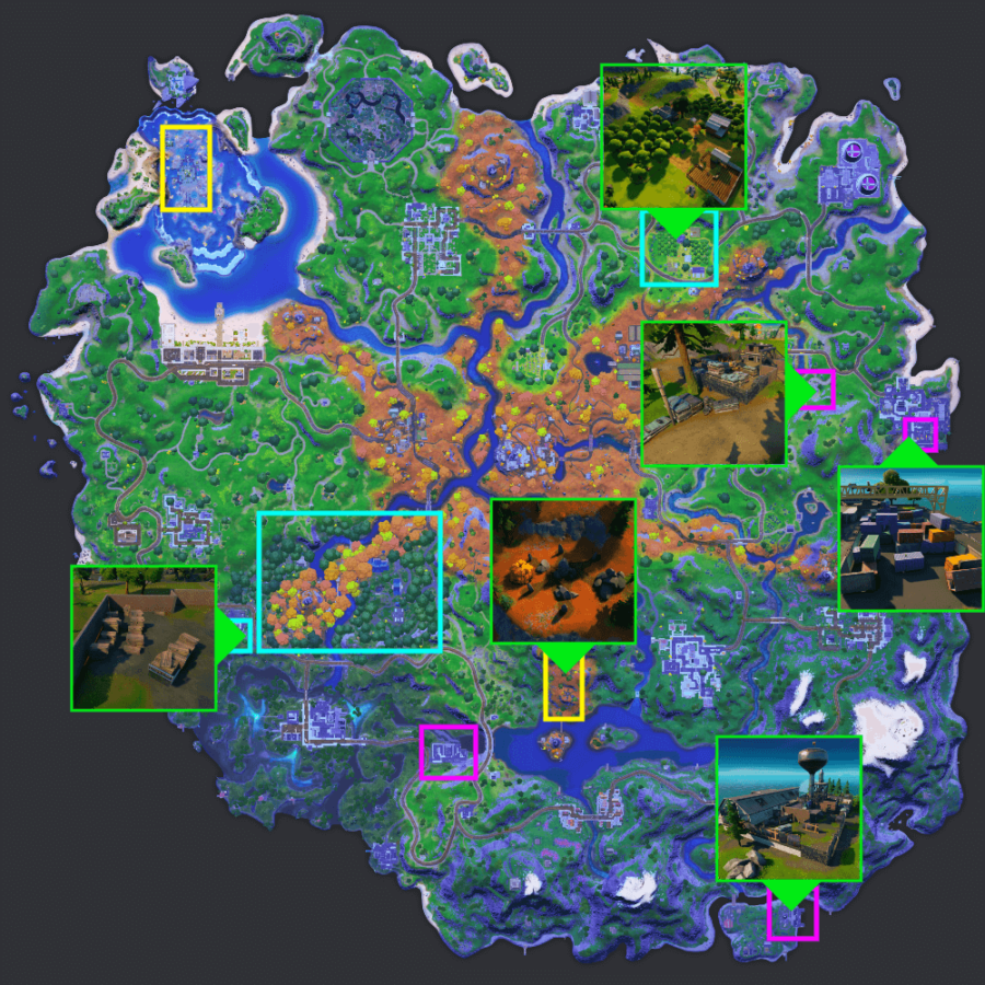 Mapa de buenos lugares para recolectar recursos en Fortnite Season 6.