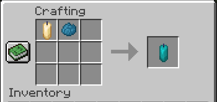 Receta de elaboración de velas cian en Minecraft.