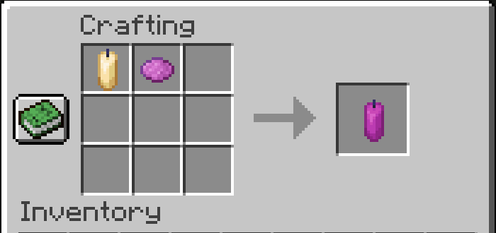 Receta de elaboración de velas magenta en Minecraft.