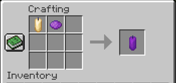 Receta de elaboración de velas moradas en Minecraft.