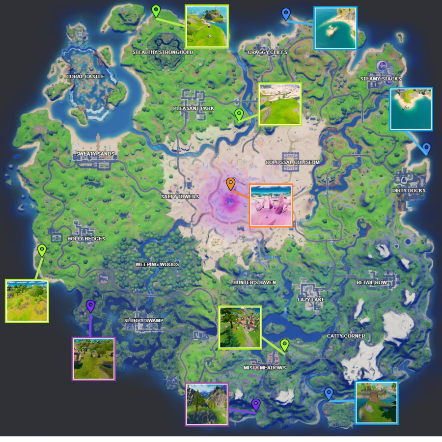 Una captura de pantalla de Fortnite que muestra dónde están las monedas de XP de la semana 12