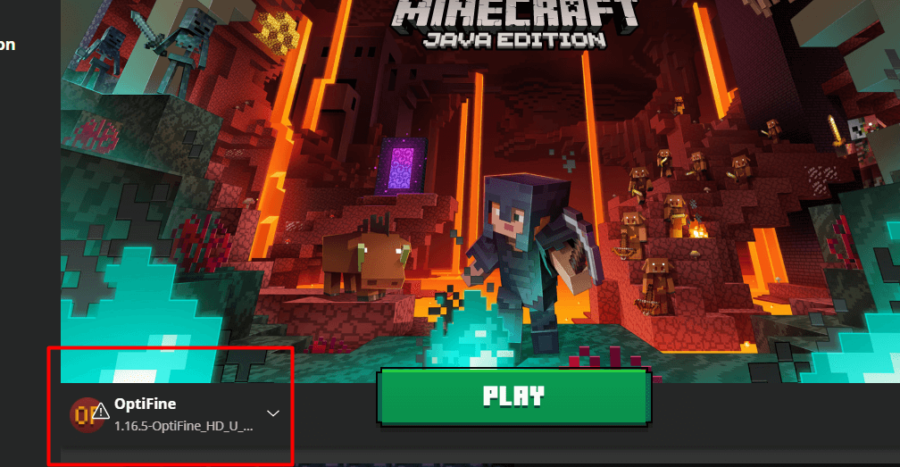 OptiFine seleccionado en el lanzador de Minecraft.
