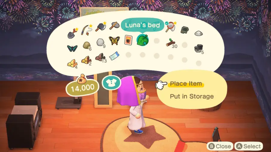 Un personaje seleccionando un objeto en Animal Crossing.