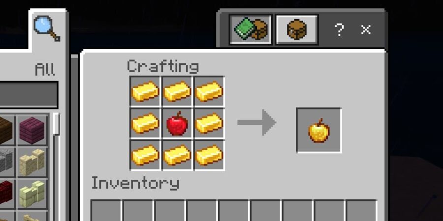 Receta de elaboración de manzanas doradas en Minecraft.