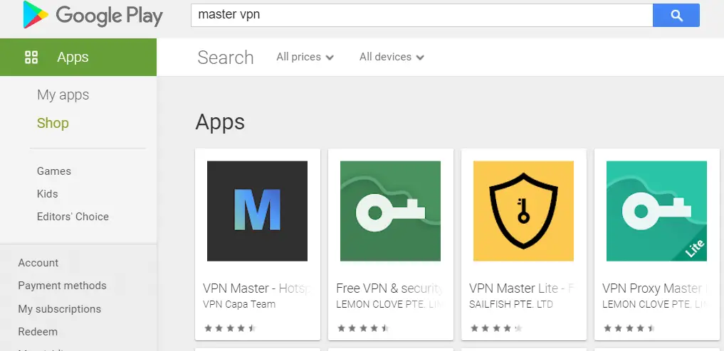 Busque Master VPN para Mac en Play Store