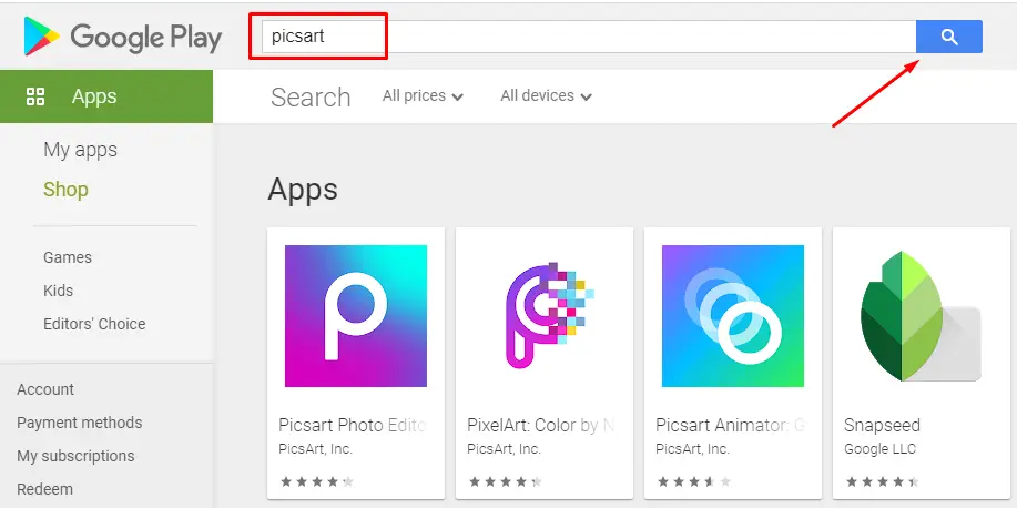 cómo buscar PicsArt para MAC en playstore
