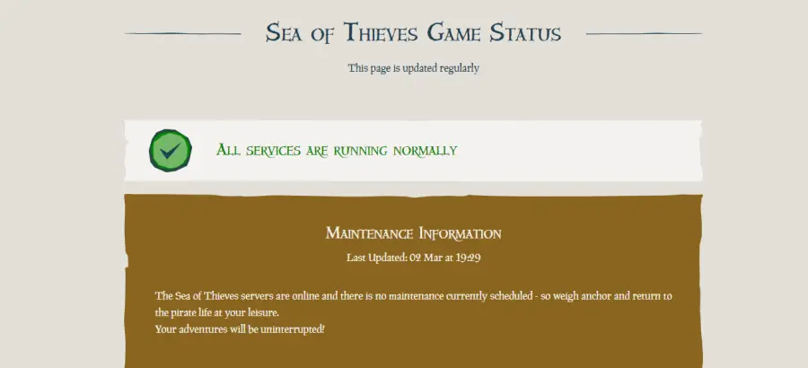 La página de estado del servidor de Sea of ​​Thieves.
