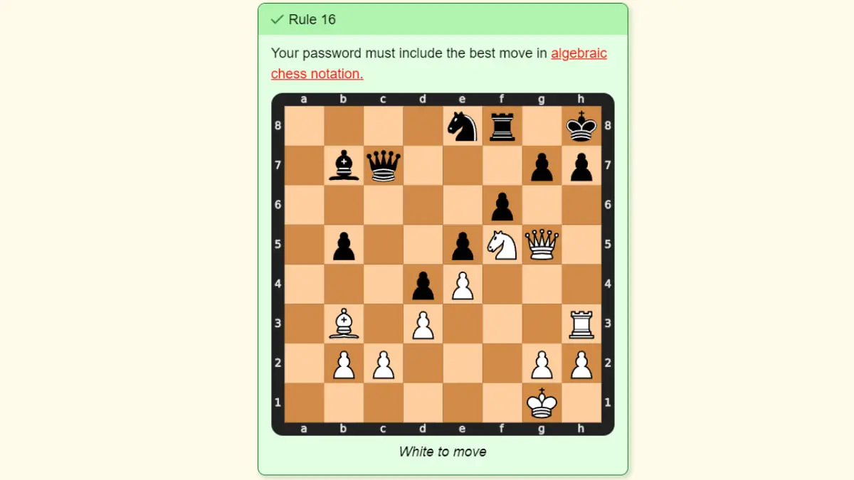 Regla 16 dThe Password Game: mejor jugada en notación algebraica de ajedrez