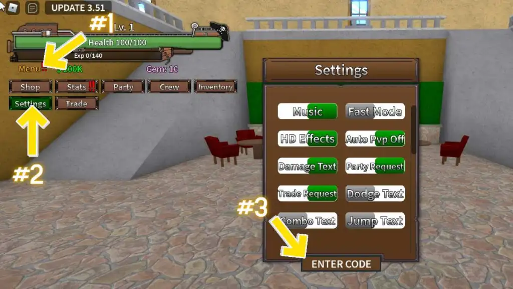 Instrucciones para canjear el código heredado de Roblox King: haga clic en el botón de menú, luego haga clic en configuración, luego haga clic en el cuadro de texto que dice INGRESAR CÓDIGO