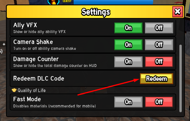 Cuadro Redeem DLC Code y botón Redeem en Blox Fruits