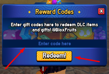 Cuadro Enter code here y botón Redeem en Blox Fruits