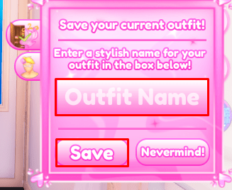 Nombre del conjunto y botón para guardarlo en Dress to Impress