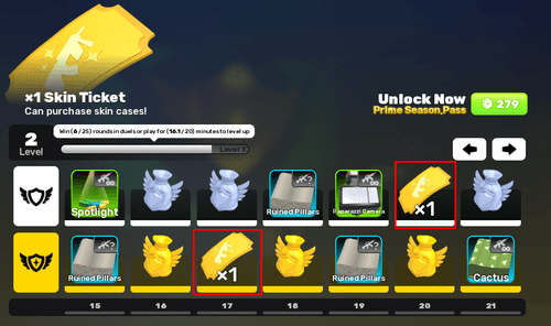 Ejemplo de Skin Tickets en el Season Pass en RIVALS