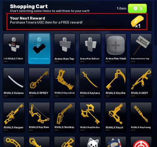 Tienda UGC con la recompensa de 1 Skin Ticket resaltada en RIVALS